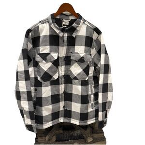 Adventuridge Mens Flannel Shirt Jacket Size M Black Plaid Quilted Oeko Tex